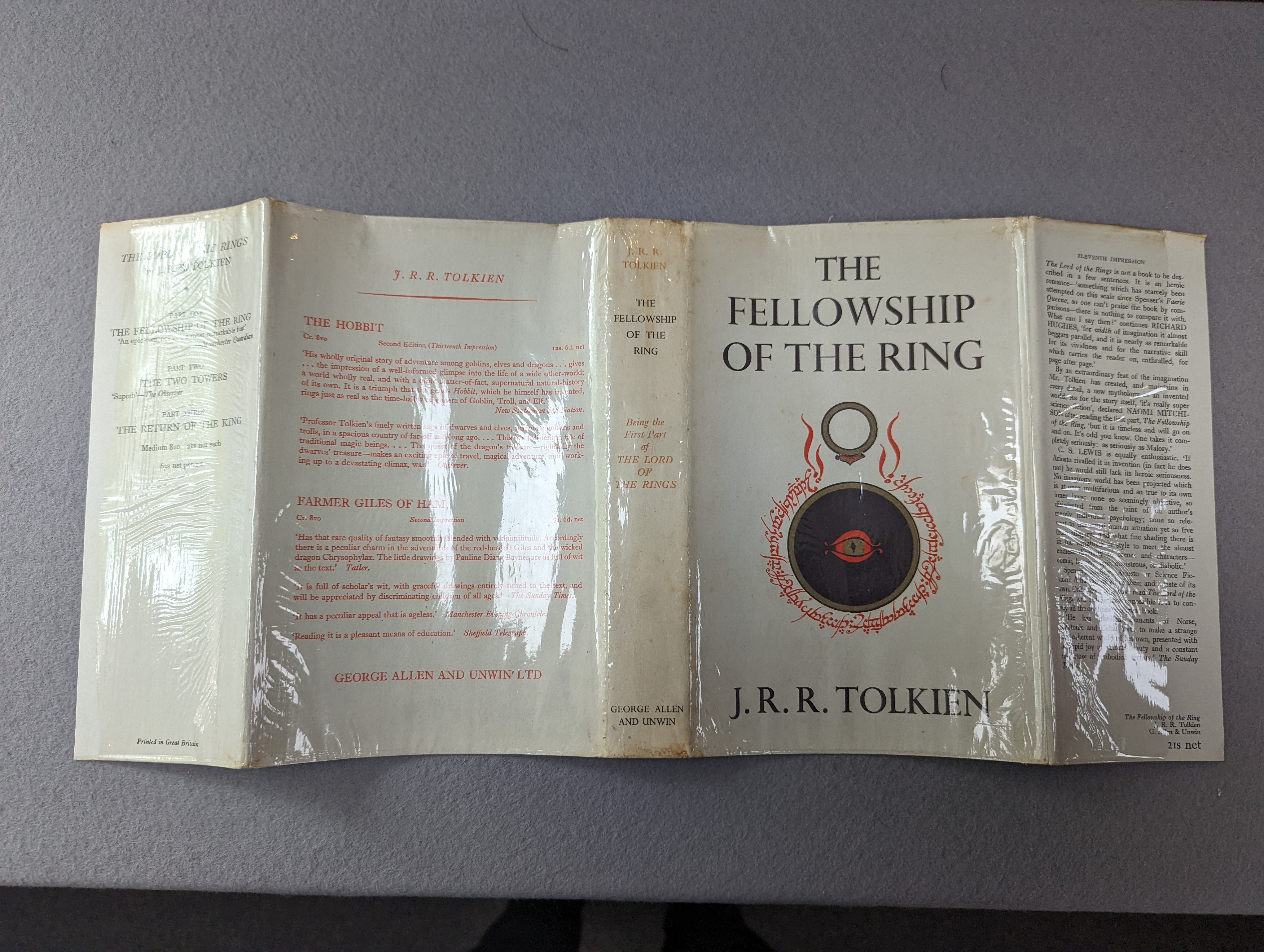 Tolkien, J.R.R - Lord of the Rings - The Fellowship of the Ring, 11th impression, 1961, The Two Towers, 10th impression, 1963 and The Return of the King, 11th impression, 1965, all with unclipped d/j’s, retaining folded